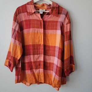 coldwater creek top womens size 2X linen blend Plaid 3/4 sleeve button